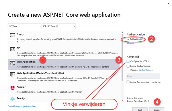 Create a new Project Kies een ASP.NET Core Web Application - Configuratie